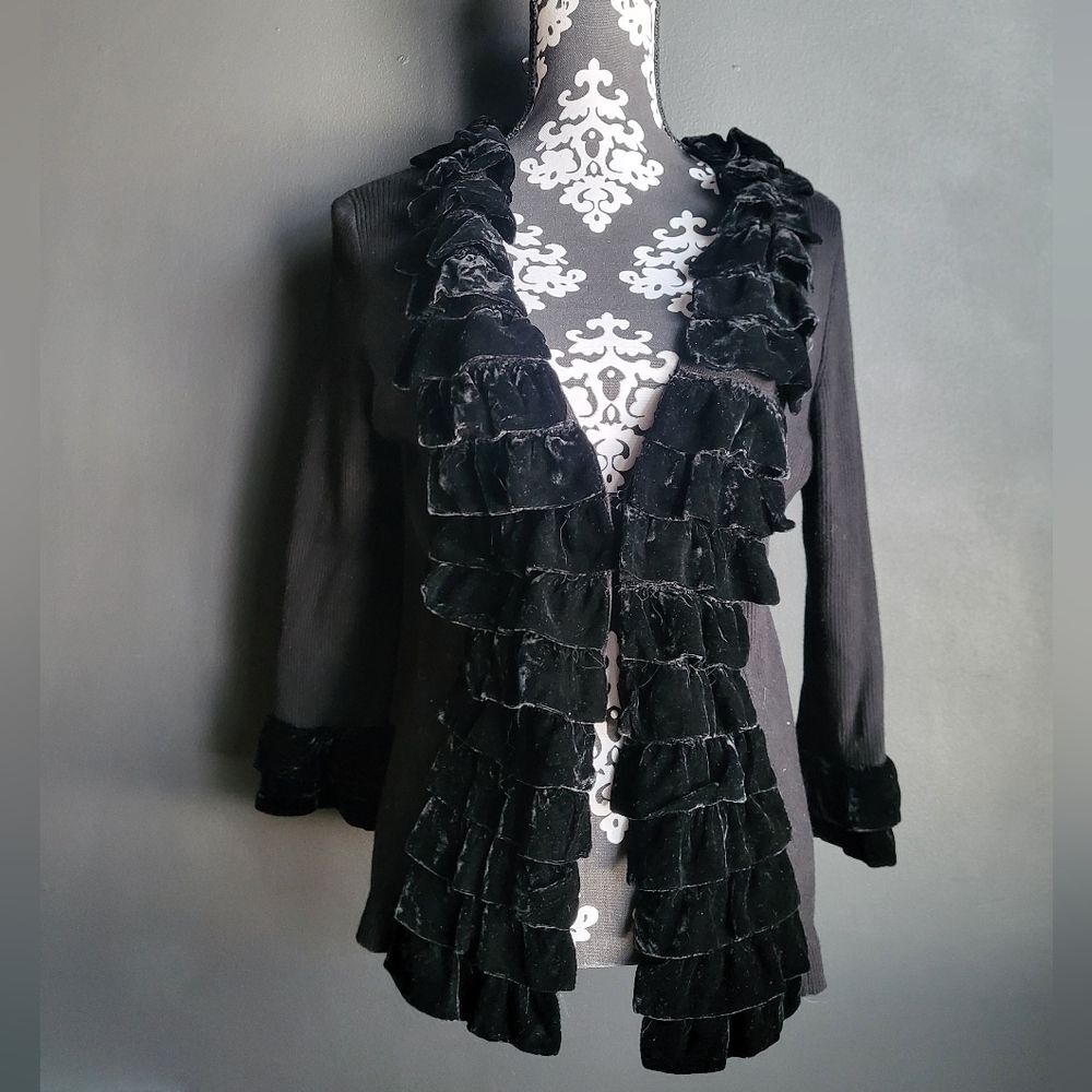 Black Velvet Ruffle Trim Wrist Colette Mordo Cardigan Sweater Sz M Viscose Blend